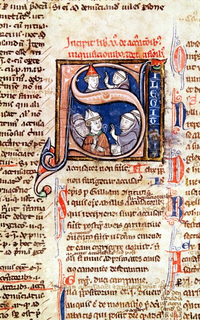 Ms 365 fol.350歴史的な初期のSは、教皇グレゴリー9世（1220-50）を司教と修道院長とともに描写し、グレゴリー9世のデクレタールから 作： French School