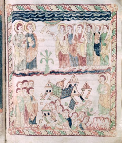 聖ヨハネの黙示録からのMs 386 fol.25rエンジェルとトランペットと地球の揺れ 作： French School