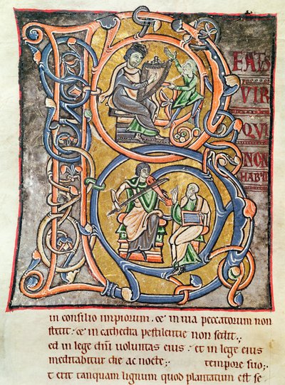 Ms 3 fol.255「聖書のサンシュルピスドブールジュ」のダビデ王を描いた歴史的な初期の「B」 作： French School