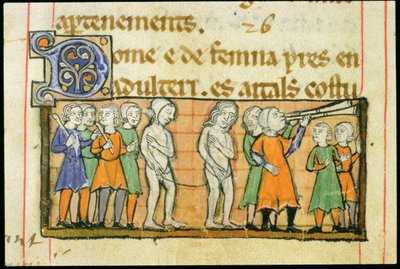 Ms 41 f.42v Livre Juratiore dAgenからの街中のヌード行列による2人の姦通者の罰 作： French School