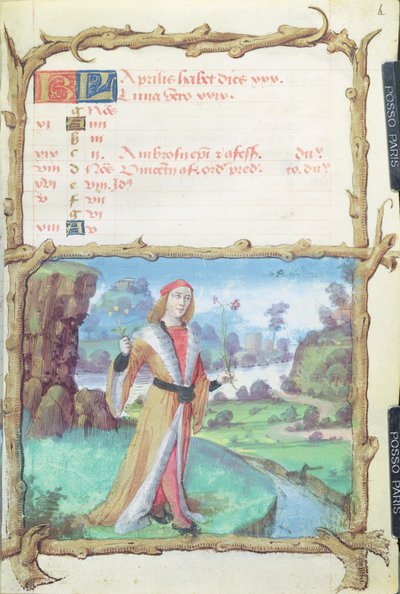 Ms 438 4月の月：紳士が時間の書から花を摘む、1490 作： French School