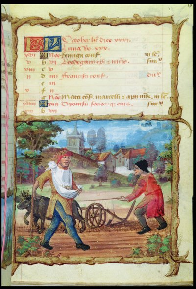 Ms 438 10月の月：耕作と播種、時間帳から、1490 作： French School