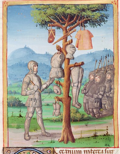 Ms 493 fol.193v AeneasがVezgilのThe AeneidからServiusの解説付きで1469年にオークの木からMezentiusの鎧を吊るしている 作： French School