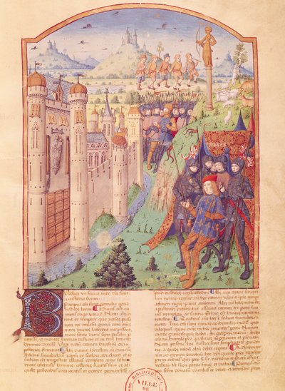 Ms 493 fol.1rヴァージルの作品、セルビアス、ブコリクス、キングの要塞に囲まれた彼の玉座に座っている王、フランス、1469 作： French School