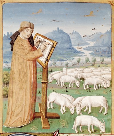 Ms 493 fol.37v羊と山羊の野原でのヴァージルの執筆、ヴァージルのジョージア作（紀元前70〜19年）、Serviusによる解説、1469 作： French School