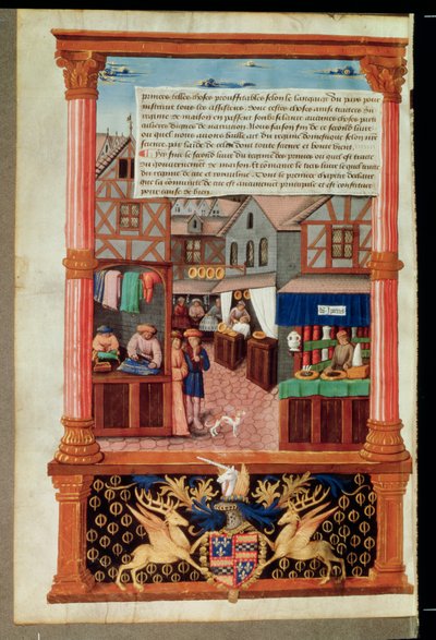 Ms 5062 fol.149v Gilles de Rome作のLivre de Gouvernement des Princesの、dAubigny Lucreceのマーシャルであるロバートスチュアートの店と紋章のある通り 作： French School
