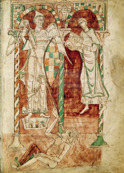 Ms 50 Fol.1v模倣者がセントクレメントの表彰からセントマイケルに本を贈る 作： French School
