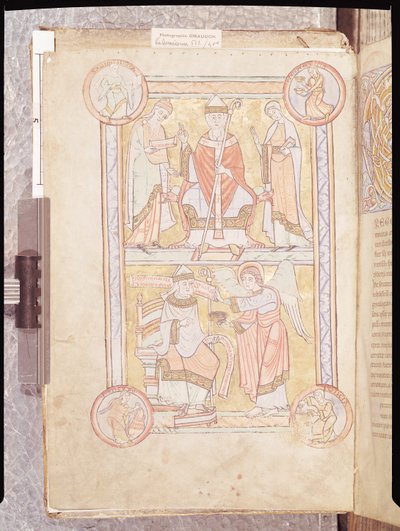 Ms 512 fol.4v St. Gregory the Great（c.540-604）と父のGordienと母親のSilviaと溺死した男の天使（Liber Pastoralis） 作： French School
