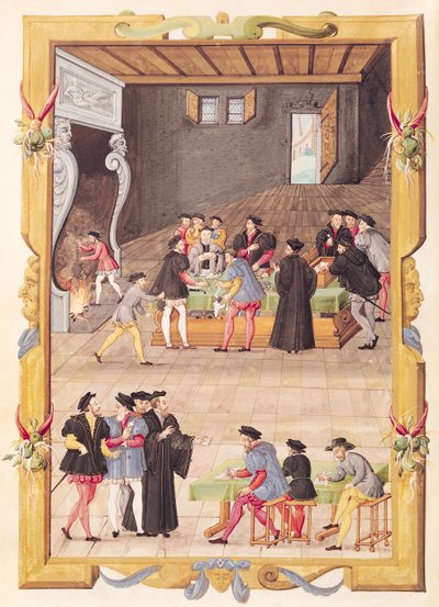 Ms 5169 f.2v公証人の大学のホールの公証人と王の秘書と王の秘書 作： French School