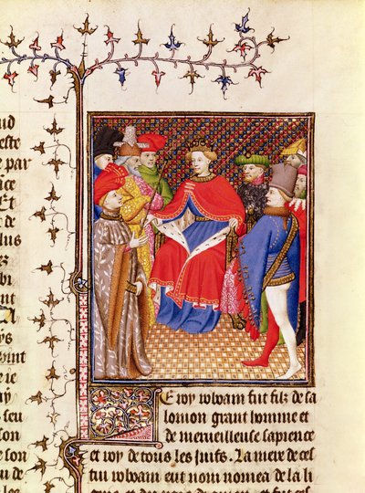 Ms 5193 Fol.52r Rosaneは、ジョヴァンニボッカチオ（1313-75）c.1410によるDe Casibus virorum illustrariumのJean Sans Peur版から、人々からの使節に返信します。 作： French School