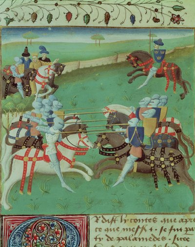 Ms 527 f.5vロマンデュサングラールから騎士をジュストに教える 作： French School