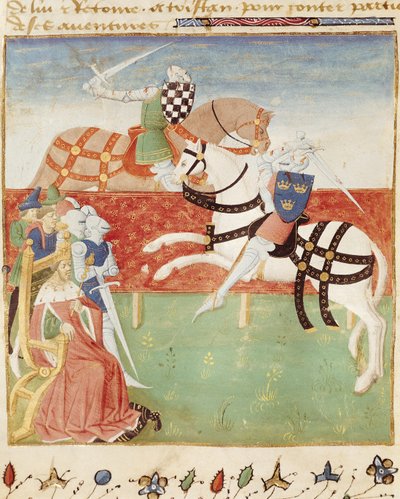 Ms 527 fol.40vロマンデュサングラールからの王の前の2人の騎士の対決 作： French School