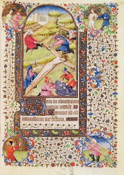 Ms 547 fol.21ポワチエの女性が使用した時間の書からのキリストの十字架への釘付け 作： French School