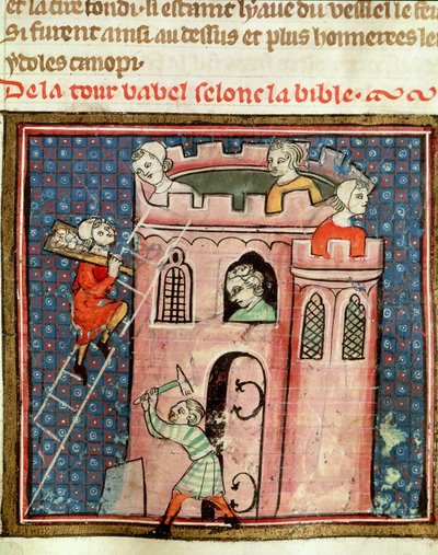 Ms 59 fol.17r Guiart des Moulinsによる聖書歴史学からのバベルの塔の建設 作： French School