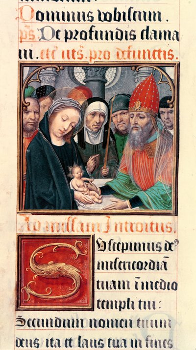 Ms 60 fol.25r Saint-Omer PrevostのOdoart de Bersacquesのコレクションからの、寺院でのイエスのプレゼンテーション 作： French School