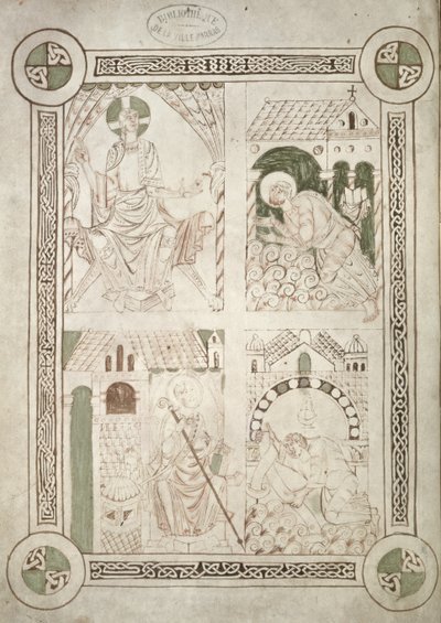 Ms 616 f.1v聖アウグスティヌスのキリストの足と書記Alardusが本をSt. Vaastに捧げる 作： French School