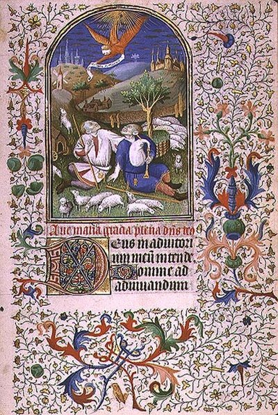 Ms 66 f.48r 二人の羊飼いに姿を見せる天使、アミアン（ベラム） 作： French School
