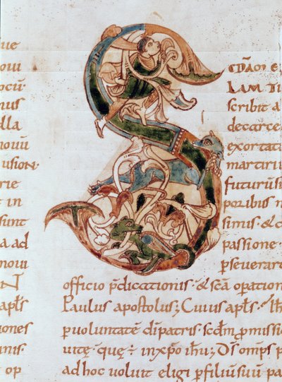 Ms 67 fol.195聖パウロの書簡に関する解説からの歴史的イニシャル「S」 作： French School
