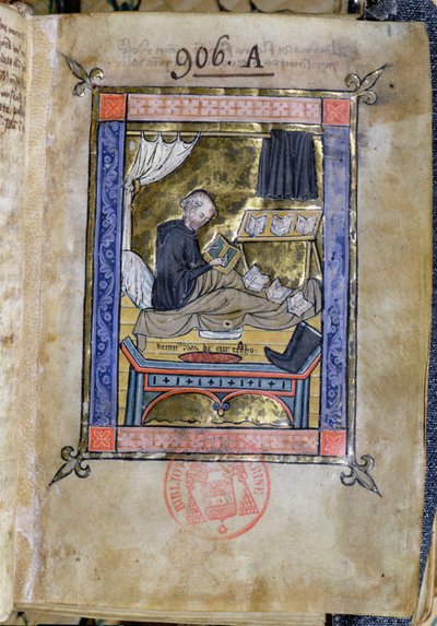 Ms 753 Fol.9モンクがベッドで書いている、Guillaume de TournaiのFlores Bernardiから 作： French School
