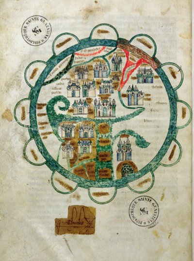 Ms 782 fol.16v。地球の形をした世界地図、Grandes Chroniques de Philippe le Hardiのミニチュア 作： French School