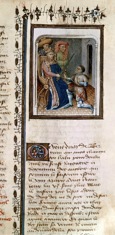 Ms 814 f.125r Bertrand du Guesclin（1320-80）Histoire de Du Guesclinからの王による騎士 作： French School
