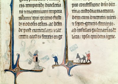 Ms 838 fol.55 1270年後、ノートルダムドプレのオビトゥエールからノートルダムを運ぶ風車に小麦のロバを運ぶロバを運転する男 作： French School