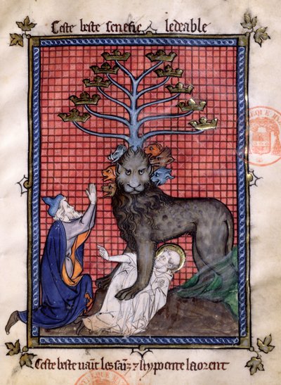 Ms 870 Fol.8フレール・ローランのラ・ソンム・ル・ロイから、偽善者によって崇拝され、聖人を砕く黙示録の七頭の獣、メイトル・オノレによって照らされた 作： French School
