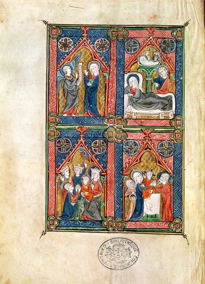 Ms 87 fol.16 Mahaut dArtoisの時間からの受胎告知、キリスト降誕、マギの崇拝と浄化 作： French School