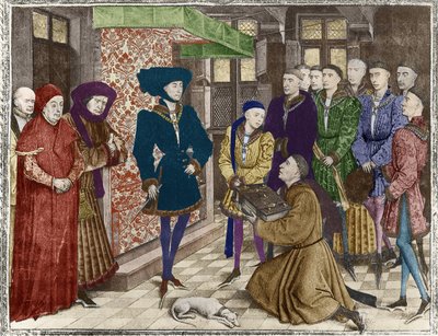 Ms 9242 Hainaut Chronicles、フィリップ・ザ・グッド、ブルゴーニュ公、ジャン・ヴォクエリン、チャールズ・ザ・ボールドによるクロニクルの翻訳を左の子供として提示（後の着色） 作： French School