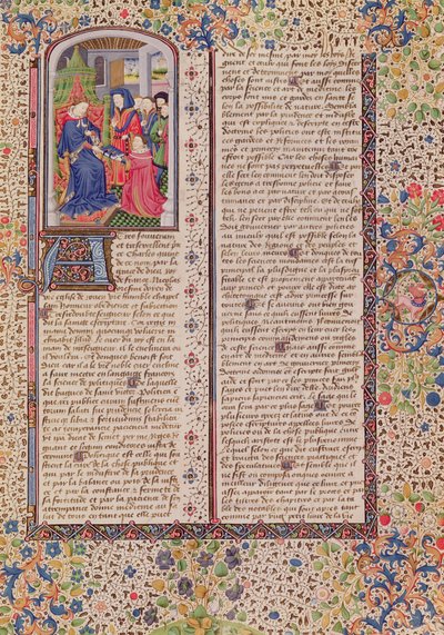Ms 927 Fol.186アリストテレスによる倫理、政治および経済学からの王への政治のプレゼンテーション（紀元前384〜322年） 作： French School