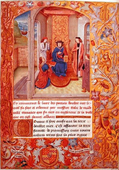 Ms 95 Fol.1 ブルゴーニュ公に本を献上する著者（Adolphe de Clevesの腕章より） 15世紀初頭（ベラム製 作： French School
