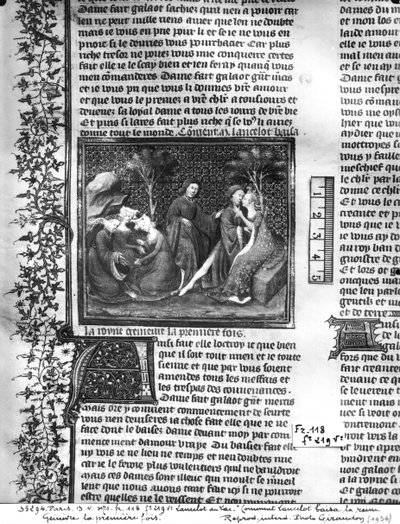Ms Fr 118 fol.219vランスロットが初めてギネヴィアにキスをした方法 作： French School