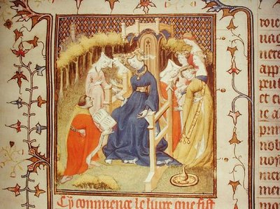 Ms Fr 12420 Giovanni Boccaccio (1313-75) の「De Claris Mulieribus」から、女性のグループに作品を紹介する作者（ベラム製）。 作： French School