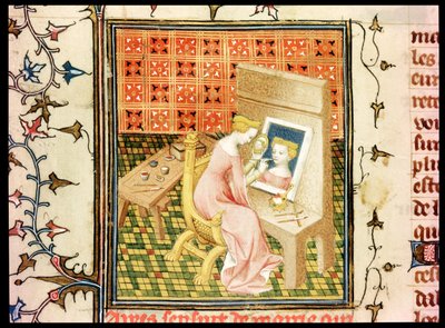 Ms Fr 124220 fol.101v St. Marcia（d.632）Painting a Self Portrait、from De Claris Mulieribus、from the、by Giovanni Boccaccio（1313-75） 作： French School