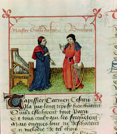 Mr Fr 12476 fol.98ギヨームデュファイ（d.1474）とGilles Binchois（d.1460）、Martin le Franc（1410-61）1440のLe Champion des Damesから 作： French School