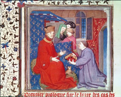 Ms Fr 131 f.1ジャン（1340-1416）ベリー公、ボッカッチョから、カスデノーブルオムエフェムからジョバンニボッカッチョ（1313-75）から原稿を受け取る 作： French School