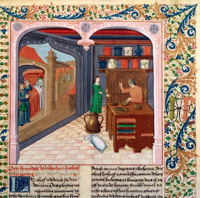Ms Fr 218 fol。111バルテルミーラングレースのLe Livre des Proprietes des Chosesのベッドにいる患者と薬剤師が薬を準備 作： French School