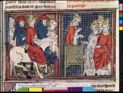 Fr 22495 Fol.15クレルモン公会議と教皇都市IIの到着（1035-99年頃）、1337年にルロマンデゴデフロワドブイヨンから 作： French School