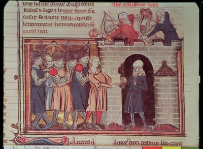 Ms Fr 22495 f.32v 1st Crusade。タルスス降伏、タンクレド・ド・オートビルへ、1097年、ル・ロマン・デ・ゴデフロワ・ド・ブイヨンから 作： French School