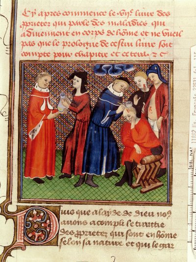 Ms Fr 22531 Fol.115尿検査と創傷の治癒、バルセルミー・ラングレースによるLe Livre des Proprietes des Choses作、c.1410-15 作： French School