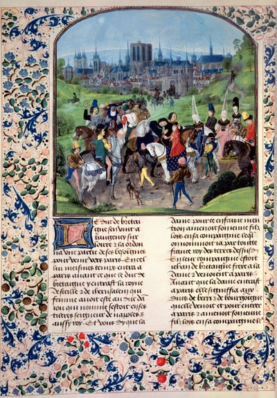 Mr Fr 2645 fol.321v Froissarts Chronicleからのアンジューの若いルイ2世のパリへの進入 作： French School