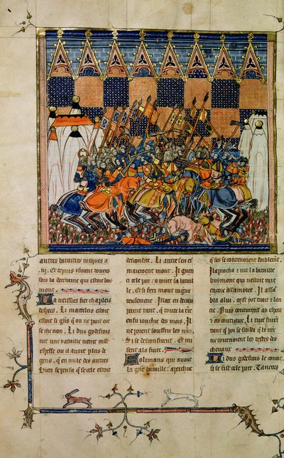 Ms Fr. 352 fol。 49vバトルシーン、Godefroi de Bouillonの伝記、西洋聖徒の歴史 作： French School