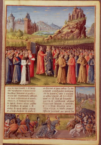 1146年にヴェゼレーでフランスのルイ7世（c.1120-80）の前で第2十字軍を説教したクレアヴォーのFr 5594 f.138セントバーナード（c.1090-1153）氏、パッセージフェイトアウトレマー 作： French School