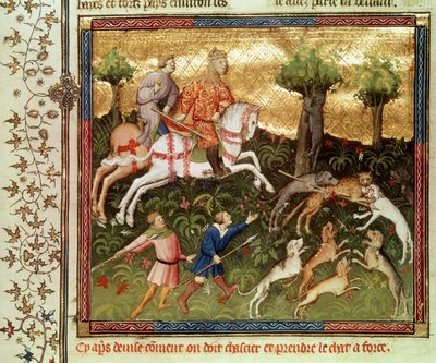 Ms Fr 616 fol.101 Gaston Phebus de Foix（1331-91）の本から、ヒョウを攻撃する犬 作： French School
