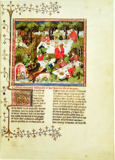 Ms Fr 616 fol.67ハンターがクワガタ狩りの前にごちそう、ガストンフェブスドフォワ（1331-1391）のリブレデラシャッセから 作： French School