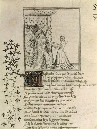 Mr Fr 848 fol.1 Christine de Pisan（1364-1430）は、彼女の作品をChristine de Pisan（c.1405）からOtheaからヘクターへの手紙からオルレアン公爵（1372-1407）に贈ります。 作： French School