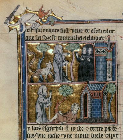 Ms Fr 95 f.4v Hermit and beast、lHistoire du Saint Graal、c.1280-90 作： French School