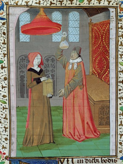Ms H 7 fol.164rジャンXXIIの聖書から、妊娠しているかどうかを確認するために聖エリザベスの尿を検査する医師 作： French School