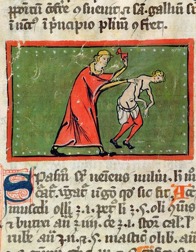 Ms H 89 Rogier de Salerne著の「Book of Surgery」から患者を治療する医師 作： French School