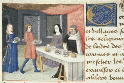 Ms Hunter 252 f.173v食事、Les Cent Nouvelles Nouvelles、1462 作： French School